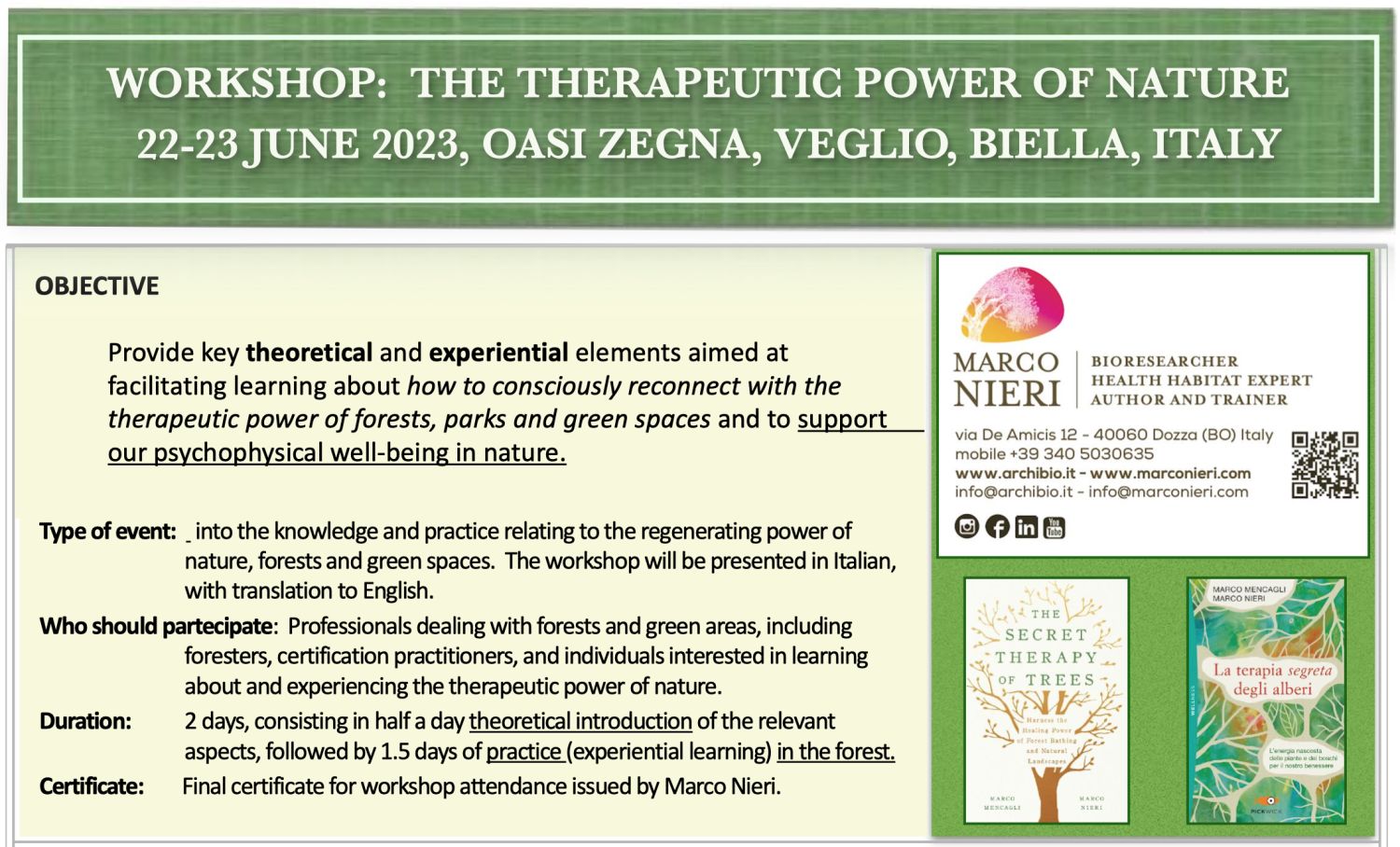 WORKSHOP: THE THERAPEUTIC POWER OF NATURE